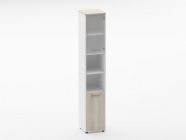 Шкаф 5 узкий верх стеклянная дверь, низ закрытый, две полки открытые Персона Грата Deka 10.23.19Пр Дуб Сантана светлый/Белый